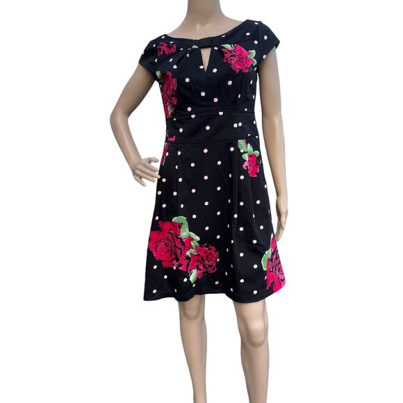 Nanette Lepore Women's Black Red Floral Polka Dots Cap Sleeve Mini Dress Size 6 - Picture 2 of 7